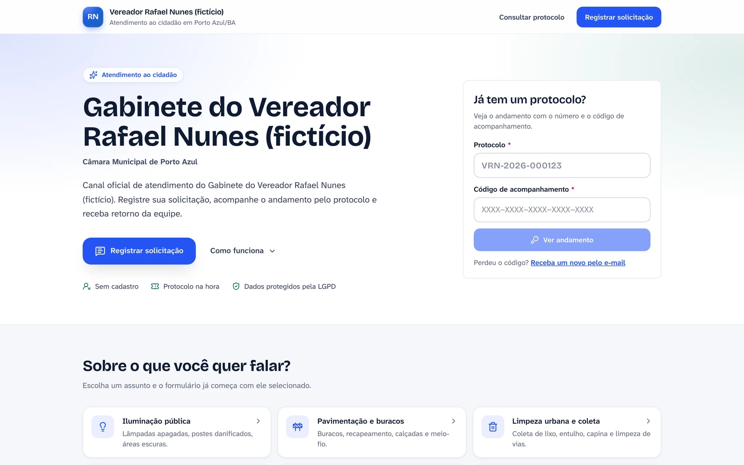 Página inicial do portal do cidadão de um gabinete fictício, com o botão para registrar solicitação e o campo para consultar um protocolo.